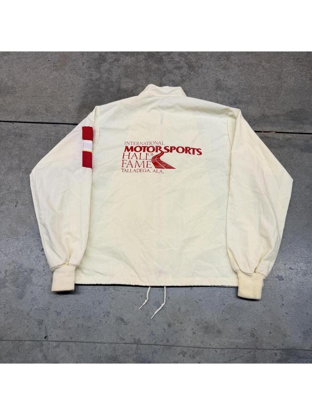 vintage international motor sports hall of fame beige zip up bomber jacket